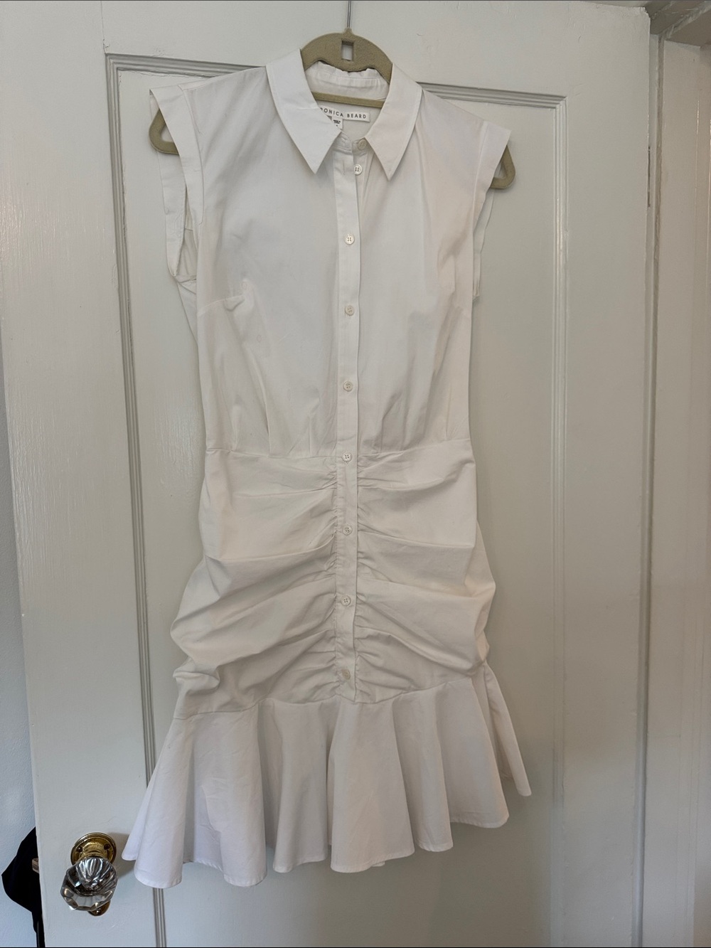 Veronica Beard Bell Sleeveless Ruched Stretch Poplin Dress, White